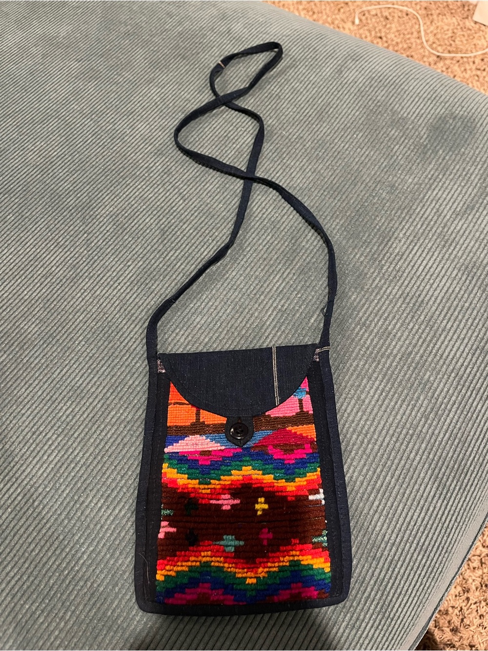 Handwoven Multicolor Crossbody Bag with Navy Trim